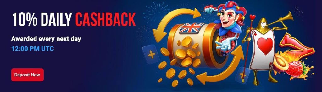 BloodySlots Casino 10% daily cashback banner with slot machine and coins