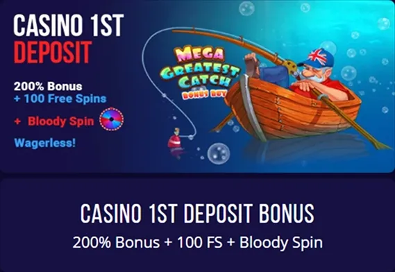 BloodySlots Casino 1st deposit bonus: 200% bonus, 100 free spins, Bloody Spin wagerless