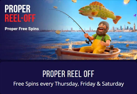 Fisherman in boat catching fish with Proper Free Spins banner