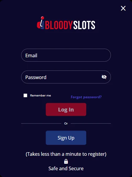 BloodySlots Casino login screen with email and password fields