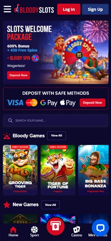 BloodySlots Casino mobile screenshot with slot game grid and welcome package banner