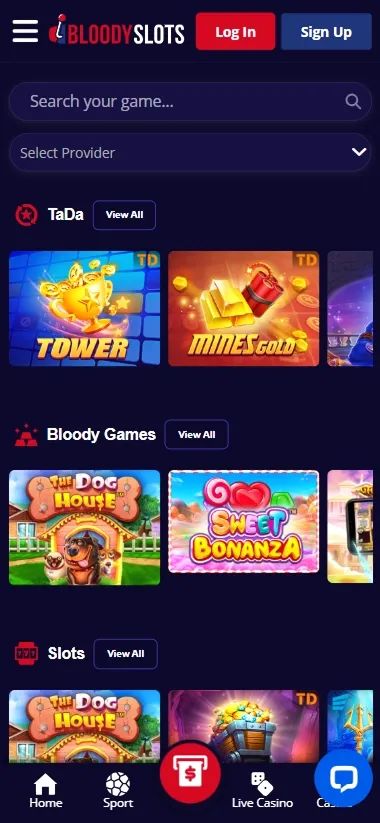 Bloody Slots mobile casino lobby with game categories and search bar